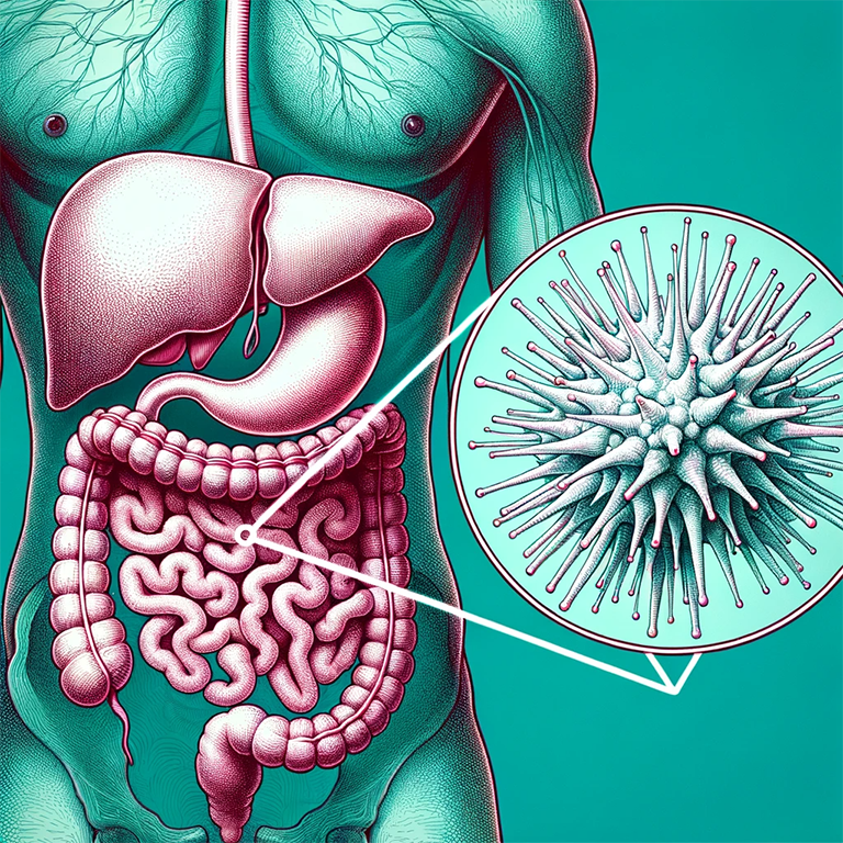 drawing of a human torso with a spotlight on the liver and intestines.